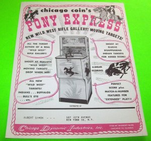 Chicago Coin Pony Express Arcade FLYER 1962 Original NOS Rifle Shooting Gallery