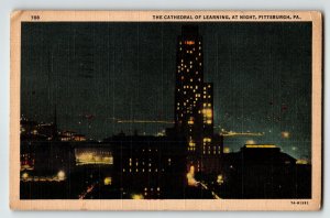 The Cathedral Of Learning At Night Pittsburgh Pennsylvania Linen Postcard 1940