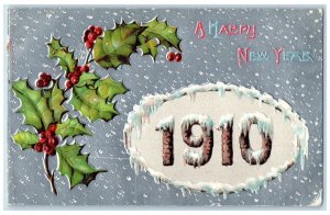 1910 Happy New Year Holly Berries Snowfalls Embossed Oakland CA Antique Postcard