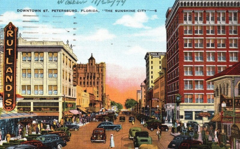 Vintage Postcard 1949 Downtown Street Rutland's Hotels St. Petersburg Florida FL