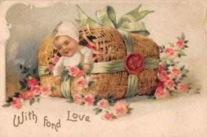 Greetings Baby in Basket with Flowers Antique Postcard J47106