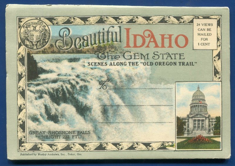 Beautiful Idaho the Gem State Old Oregon Trail Payette Lake Postcard Folder