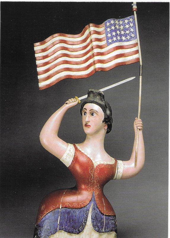 US Patriotic mint card. showing wood carving of a woman with 24 star flag. Nice.