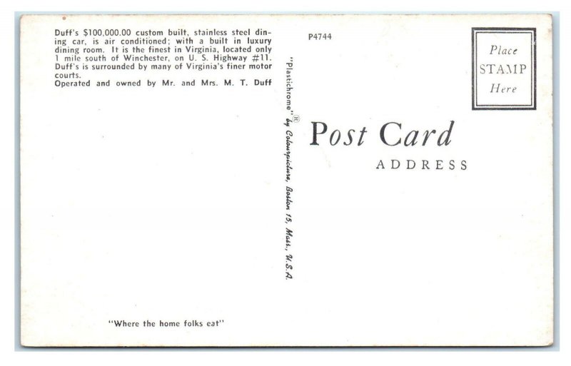 WINCHESTER, Virginia VA ~ Roadside DUFF'S DINER #2 ca 1950s  Postcard