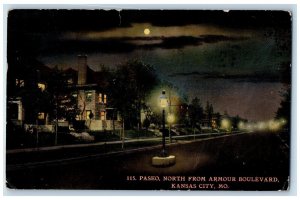 1911 Paseo North from Armour Boulevard at Moonlight Kansas City MO Postcard