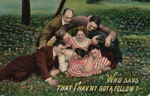 Vintage Postcard Girl With Seven Gentlemen Who Says That I Haven't Got A Fellow?