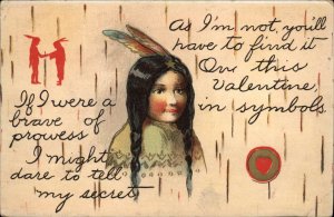 Valentine Little Girl American Indian Native Americana c1910 Vintage Postcard