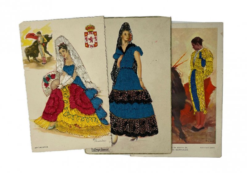 Lot 3 Espagne Brodé Cartes Postales Flamenco Dancer Matador Artiste Signé Rare