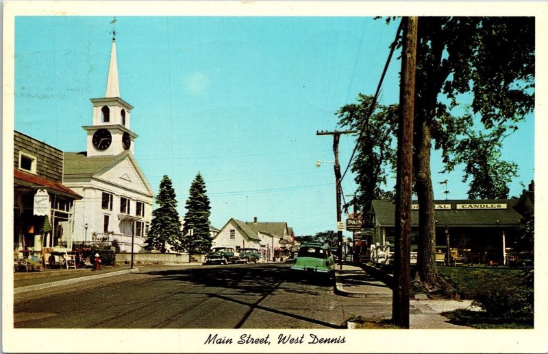 Main Street West Dennis Clock Tower Church Cars Stores Cape Cod MA Postcard PM 