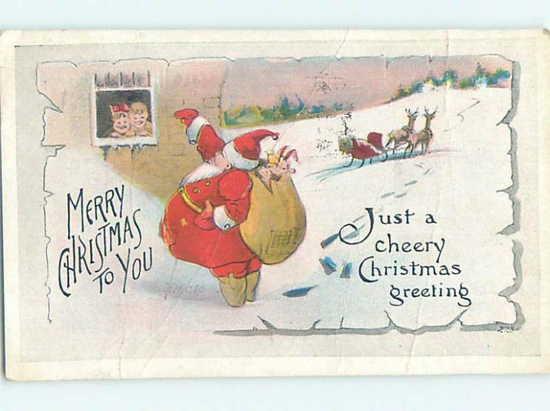 Bent Pre-Linen christmas VERY FAT SANTA CLAUS WAVES TO KIDS AT THE WINDOW hr2891