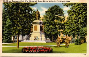 Massachusetts Fitchburg Common Civil War Memorial & Court House In Back 1947