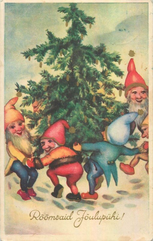 Estonia winter seasonal greeting postcard 1939 dwarfs Christmas tree round dance 