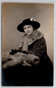 RPPC Lovely Ladies Striped Coat Fur Collar Black Hat Studio Photo Postcard E29