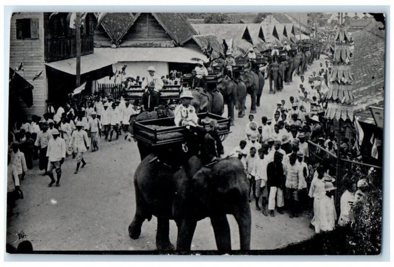 c1930's Procession Of Dignitaries On Elephant Back Singapore RPPC Photo Postcard