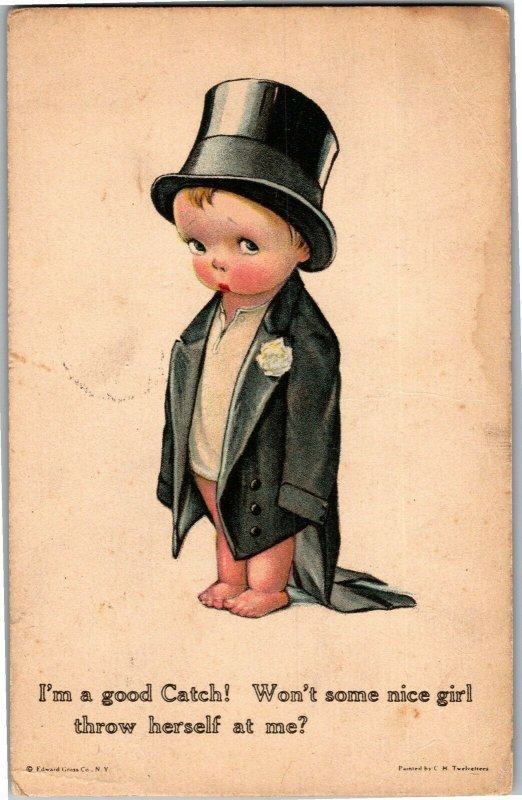 Twelvetrees Boy in Tuxedo, Top Hat I'm a Good Catch c1921 Vintage Postcard A01