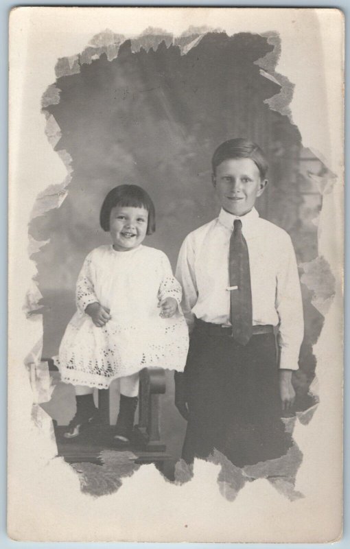 c1910s Cute Kids Portrait RPPC Young Man Boy Smile Little Girl Cushing, OK A196