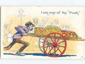 Pre-Linen Comic MAN PUSHING PRODUCE FRUIT CART AB8589