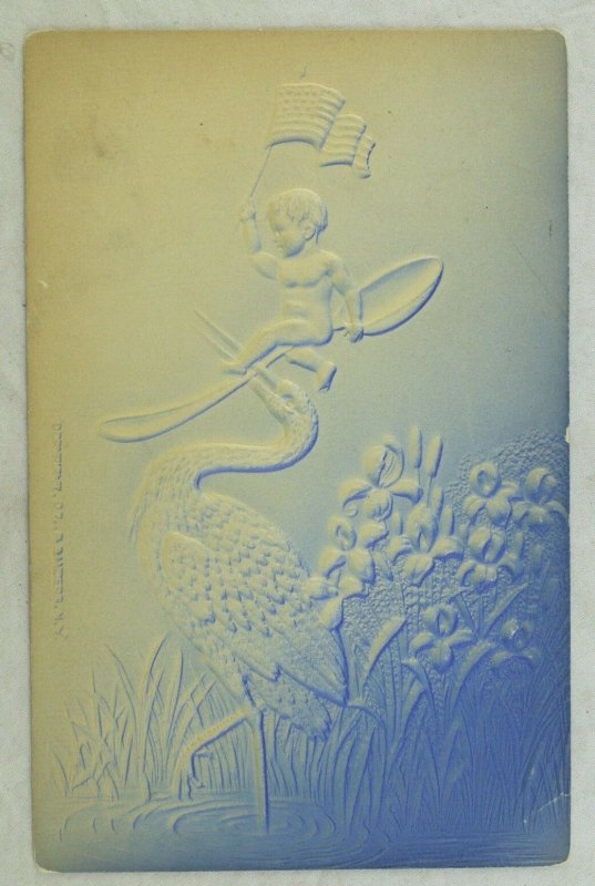 C.1907 Airbrushed Embossed Stork Spoon Baby Flag Postcard P95