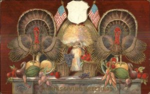 Patriotic Thanksgiving Turkeys American Flags HI Robbins c1910 Postcard