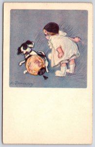 Painting Dog And The Little Girl Animal Pets Postcard