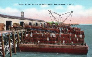 Vintage Postcard Barge Load of Cotton on River Front New Orleans Louisiana LA