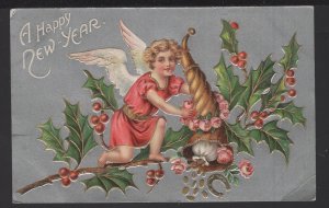 A Happy New Year Holly Little Girl with Angel Wings embossed pm1907 ~ DB