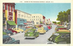 Shelby North Carolina 1940s Postcard Scene in Business District Stores Cars