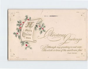 Postcard Christmas Greeting Card with Poem and Hollies Scroll Embossed Art Print