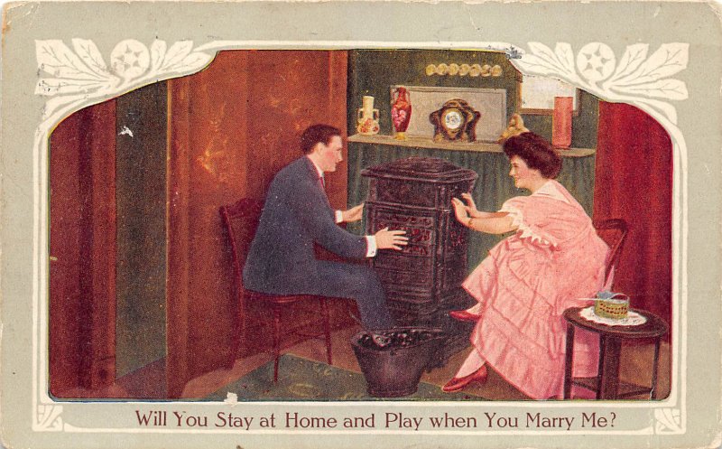 Stay Home & Play When You Marry Me 1912 Romantic Postcard Ada Oklahoma