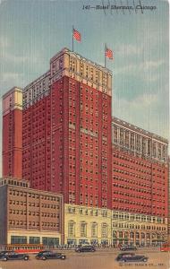 Chicago Illinois~Hotel Sherman & Street Scene~1940s Linen Postcard