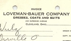 1939 LOVEMAN-BAUER CO. CLEVELAND OH DRESSES COATS SUITS BILLHEAD INVOICE Z1022