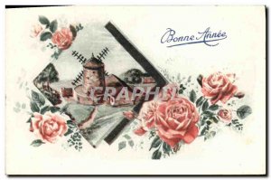 Old Postcard Moulin wind Flowers