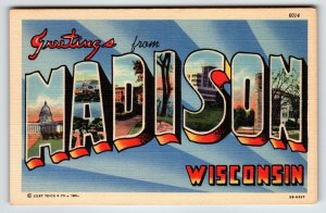 Greetings From Madison Wisconsin Large Big Letter Postcard Curt Teich Unused