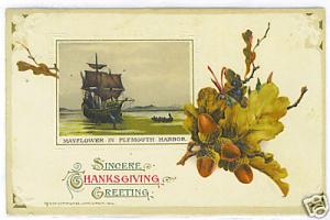 THANKSGIVING POSTCARD WINSCH MAYFLOWER IN   HARBOR
