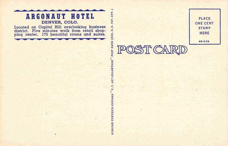 Argonaut Hotel Denver Colorado 1950s linen postcard
