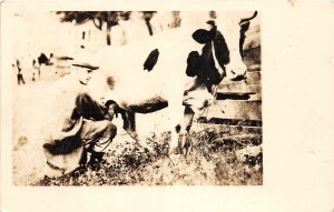 H58/ Interesting Real Photo RPPC Postcard c1910 Farmer Milking Cow 5