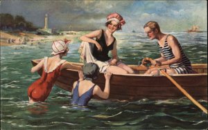 Bathing Beauty Women Rowboat, Lighthouse  Georg Muhlberg c1910 Postcard
