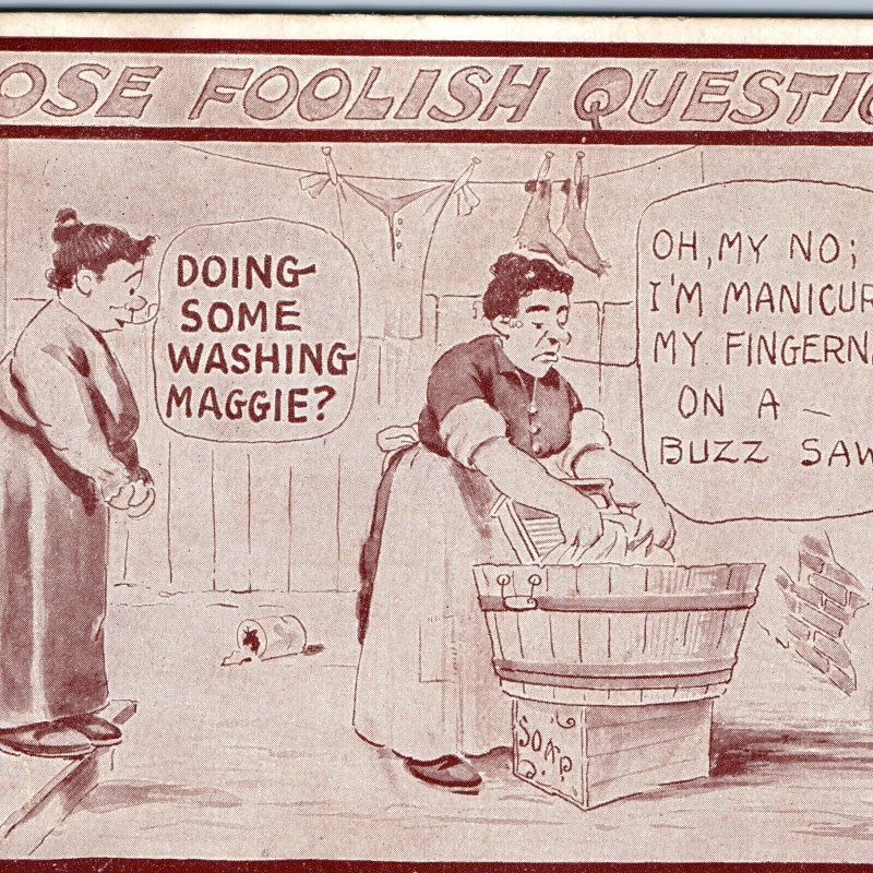 c1910s Funny Mocking Foolish Questions Postcard Fingernail Manicure Buzz Saw A76