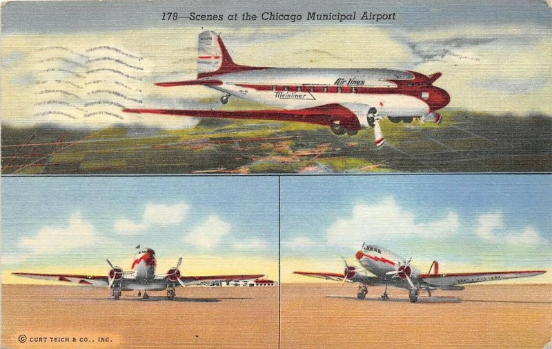 Chicago Illinois 1942 Postcard Chicago Municipal Airport Airplane