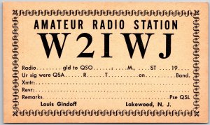 Amateur Radio Station W2IWJ Louis Gindoff Lakewood New Jersey Postcard