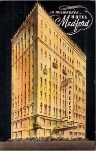 Linen Postcard Night View of Hotel Medford in Milwaukee, Wisconsin