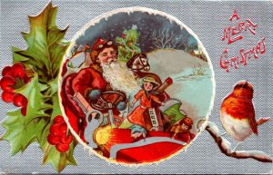 Postcard Embossed A Merry Christmas Santa in Red Car w/ Girl and Toys 1911 L12