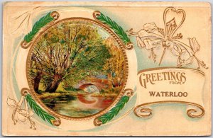 Greetings From Waterloo Embossed & Gilded River Posted Postcard