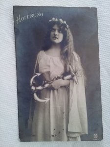 Hoffnung Antique photo postcard Romantic woman holding anchor