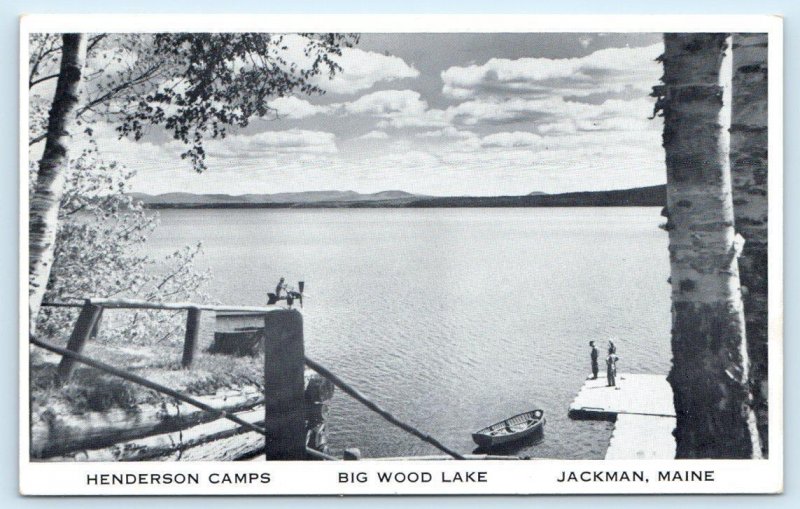 2 Postcards JACKMAN, Maine ME ~ Log Cabin HENDERSON CAMPS Big Wood Lake c1950s