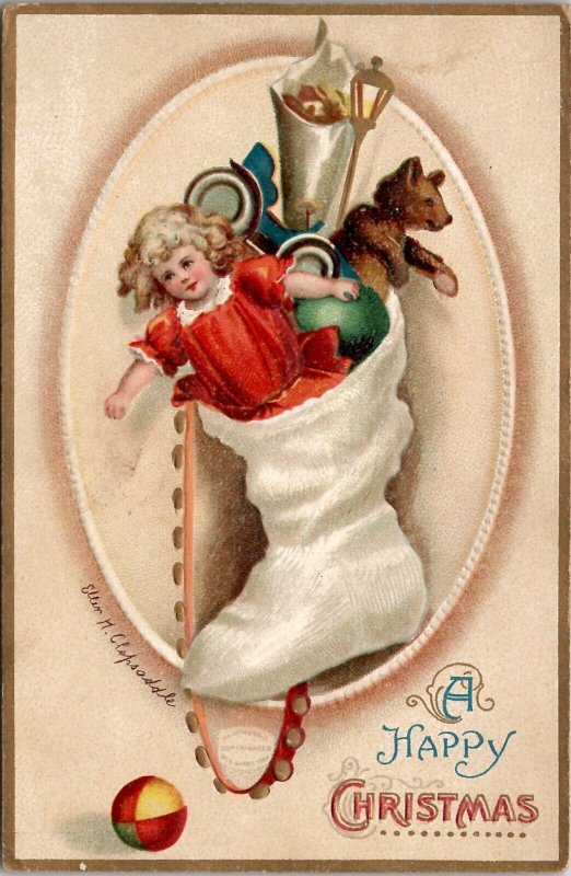 Ellen Clapsaddle Signed Christmas Stocking Full of Toys Embossed Postcard X11