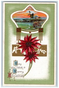 Christmas Postcard Poinsettia Flower Winter Windmill Scene Embossed c1910's