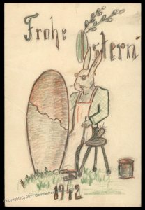 3rd Reich Germany 1942 Russia Ostern Easter Bunny Hand Drawn Card FELDPOS 101184