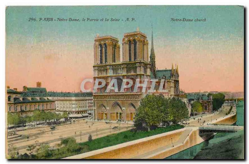 Old Postcard Paris Parvis Notre Dame and the Seine