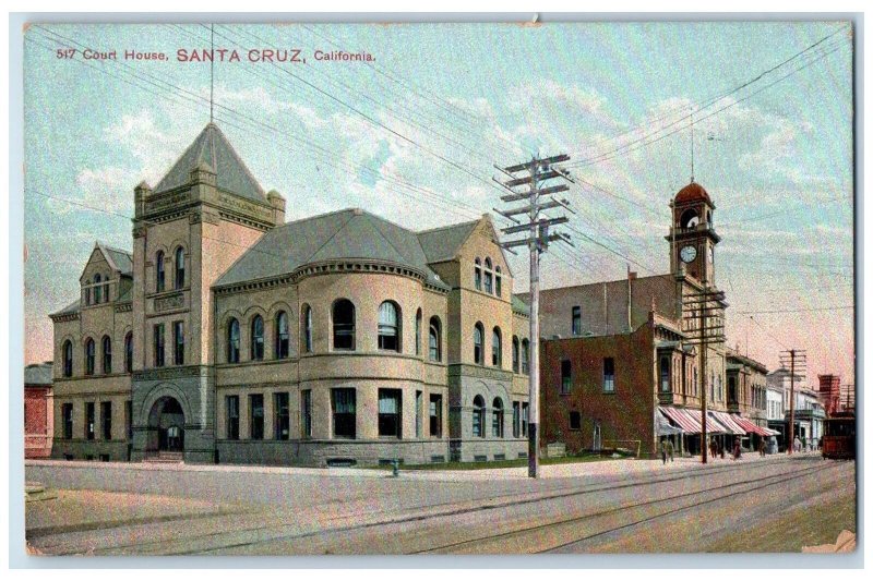 1909 Court House Building Clock Tower Railroad Santa Cruz California CA Postcard